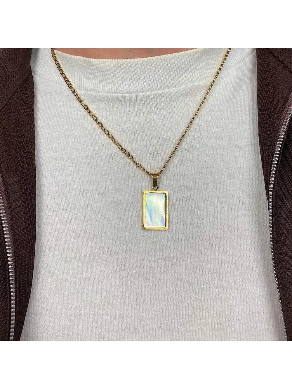 Stainless steel y2k 2000s style Big Square Opal Pendant Gold necklace